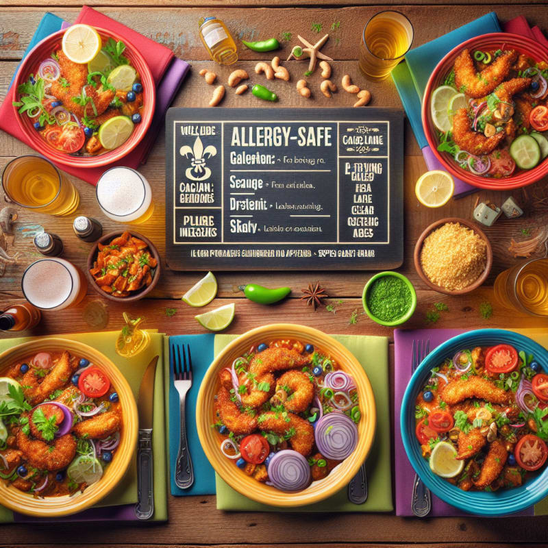 A vibrant overhead shot of Cajun-inspired dishes on a rustic wooden table with allergy-safe ingredient labels visible bright napkins fresh herbs and colorful plating highlighting a clean welcoming sports bar setting