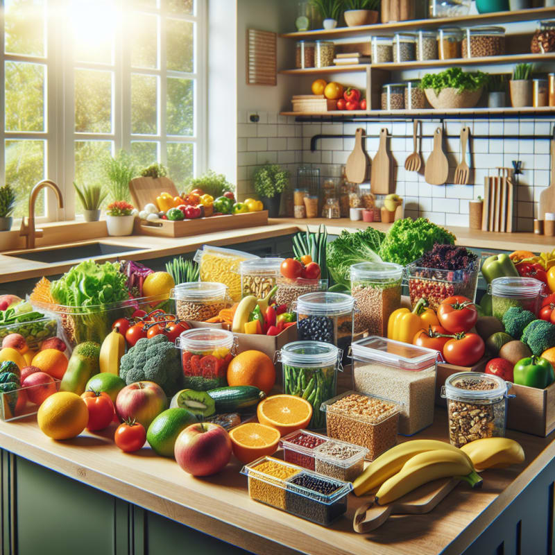 A vibrant kitchen countertop filled with colorful fresh fruits vegetables whole grains and allergy-safe packaged foods with bright natural lighting and eco-friendly containers