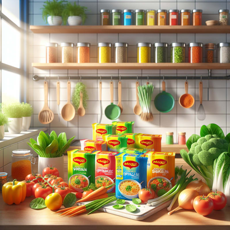 A bright clean kitchen countertop with colorful Maggi noodle packets surrounded by fresh vegetables and spice jars sunlight streaming through a window vibrant eco-friendly food labels visible
