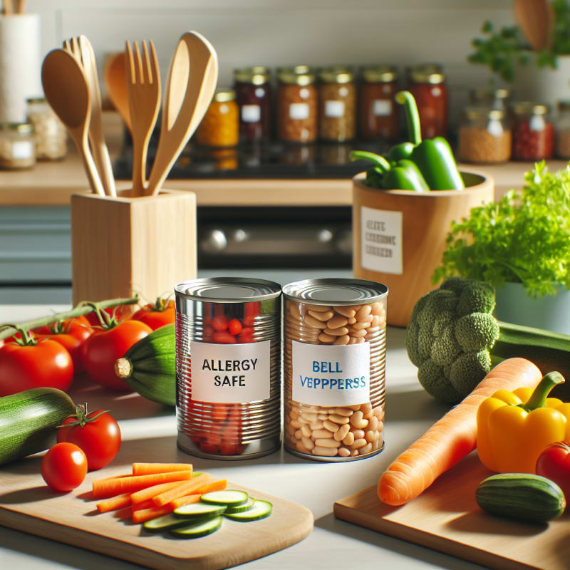Bright kitchen countertop with neatly arranged canned beans next to fresh vegetables and colorful allergy-safe ingredient labels soft natural lighting clean eco-friendly kitchenware