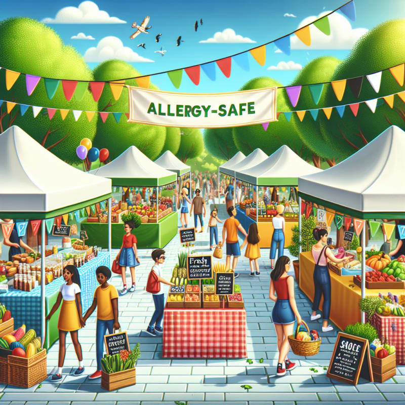 Bright outdoor food market scene with colorful booths tables full of allergy-safe snacks fresh produce and eco-friendly food packaging banners balloons sunny sky