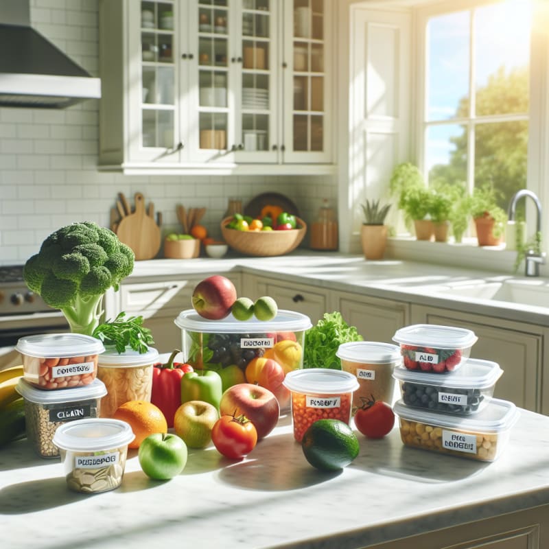 Bright modern kitchen countertop with fresh fruits vegetables and allergy-safe packaged foods clear food labels visible sunlight streaming in eco-friendly containers