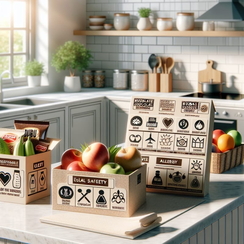 A bright inviting kitchen countertop with neatly arranged Dubai-style chocolate packaging food safety labels clear allergy symbols fresh fruits and eco-friendly containers natural sunlight streaming in