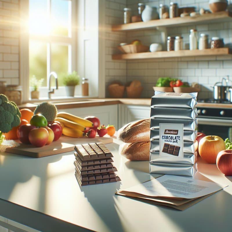 Bright modern kitchen countertop with neatly arranged allergy-safe chocolate bars food packaging with clear labels surrounded by fresh grocery items and sunlight streaming in through a window hopeful atmosphere