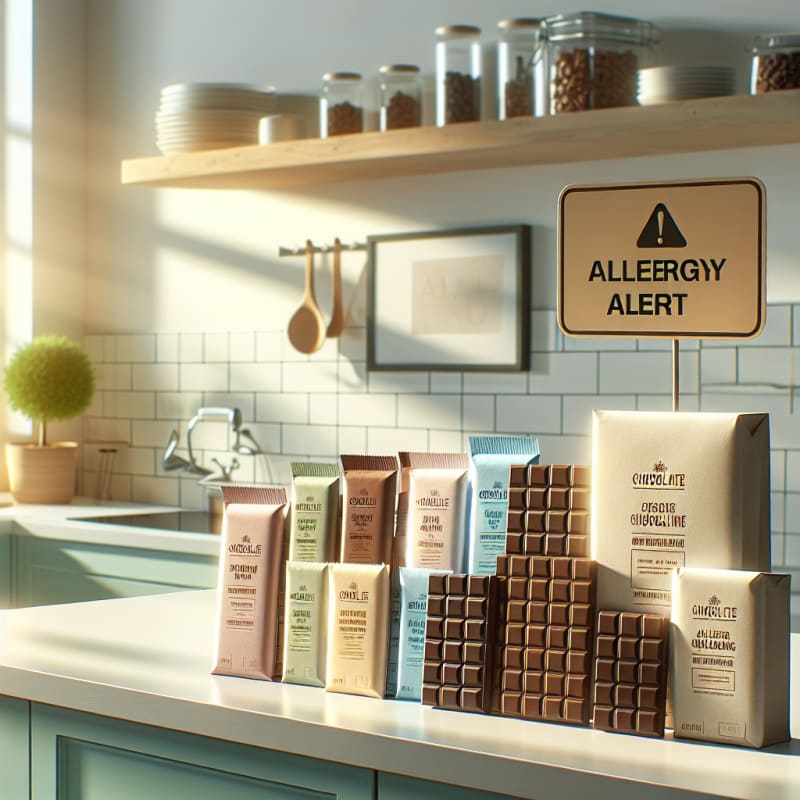 Bright kitchen counter with various chocolate bars in eco-friendly packaging clear food labels allergy alert sign nearby soft morning sunlight pastel tones hopeful