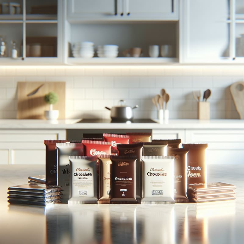 A bright friendly display of assorted chocolate bars on a clean white marble surface with clear ingredient labels allergy warning symbols and soft natural lighting in a modern kitchen setting