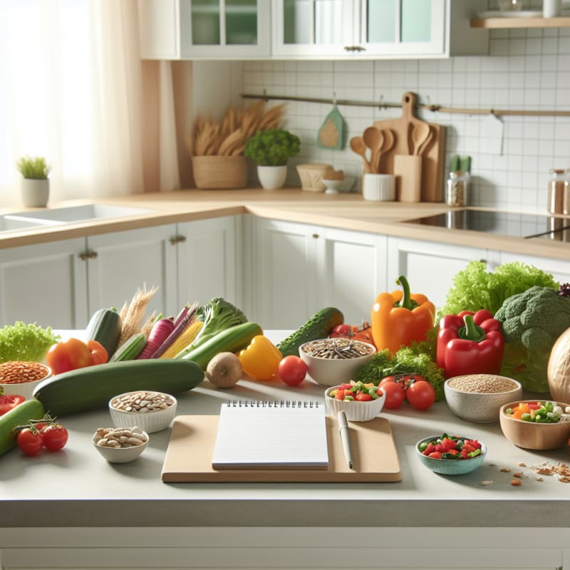 A bright modern kitchen countertop with fresh colorful vegetables whole grains and healthy ingredients arranged alongside a notepad labeled safe meal plan soft natural lighting evokes hope confidence and wellness