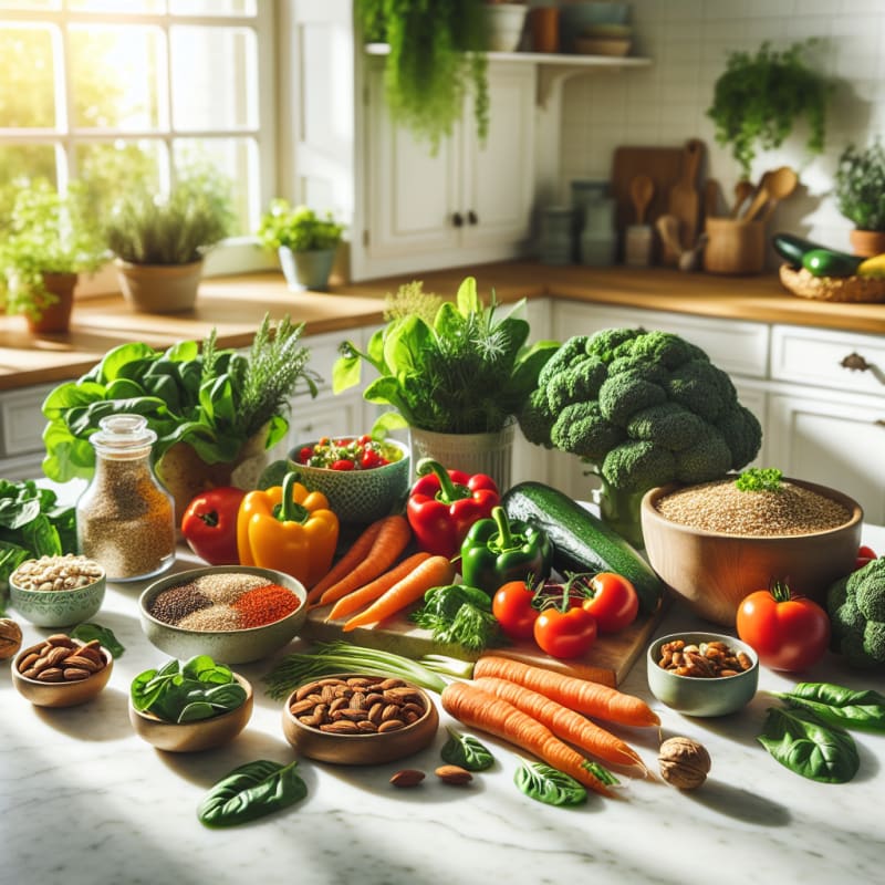 A bright kitchen countertop filled with colorful fresh vegetables whole grains nuts and herbs arranged in bowls and jars with natural light and green plants