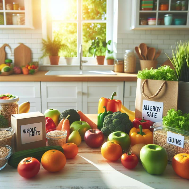 Bright kitchen countertop filled with colorful fresh vegetables fruits whole grains and allergy-safe packaged foods labeled clearly sunny natural light green houseplants visible cheerful atmosphere