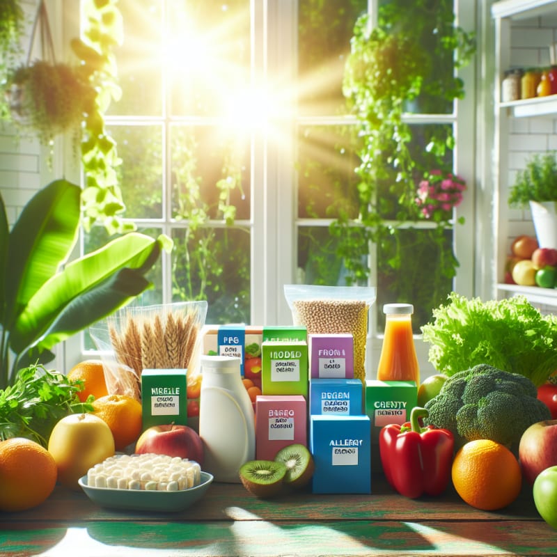 A bright hopeful kitchen countertop with fresh fruits vegetables and labeled allergy safe food packaging sunlight streaming through a window vibrant green plants in the background clear labeled ingredients