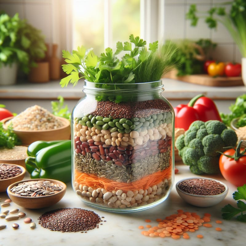 A bright glass jar filled with colorful diverse grains beans and seeds sitting on a clean white kitchen counter surrounded by fresh green herbs and vibrant produce soft natural light highlighting the textures for a hopeful and healthy vibe
