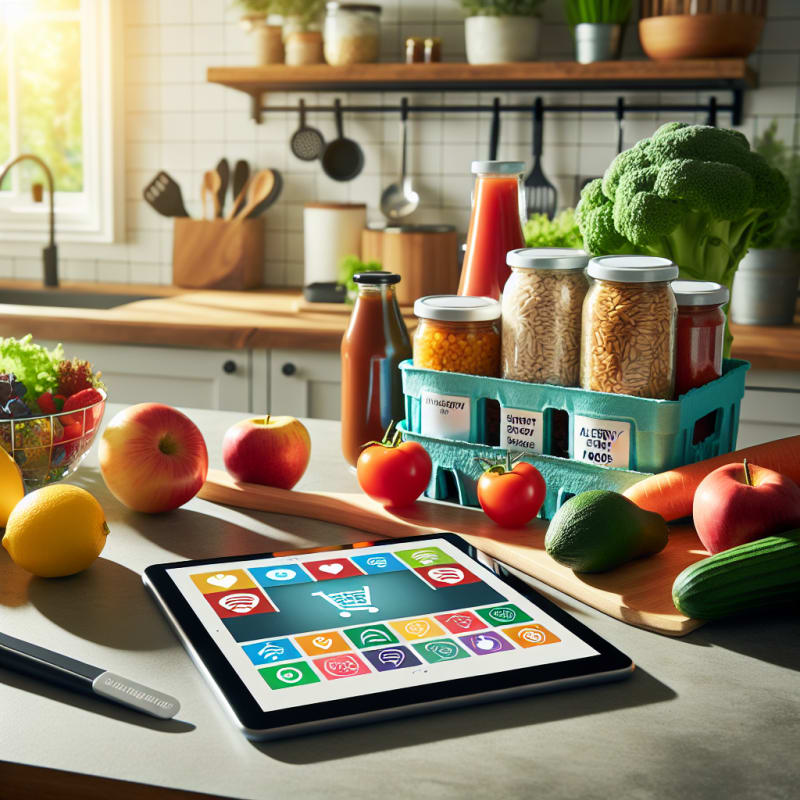 Bright kitchen countertop with colorful allergy-safe packaged foods clear food labels fresh produce and modern grocery tech tools arranged neatly sunlit atmosphere