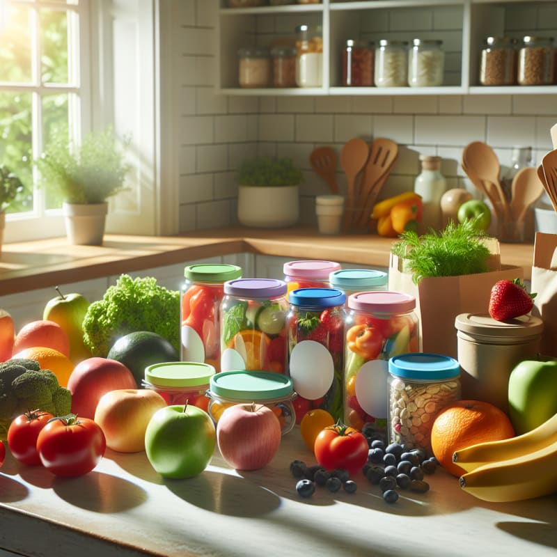 bright kitchen countertop filled with colorful fresh fruits vegetables and allergy-safe packaged foods clear product labels visible natural sunlight streaming in eco-friendly containers and soft pastel tones hopeful safe and inviting atmosphere