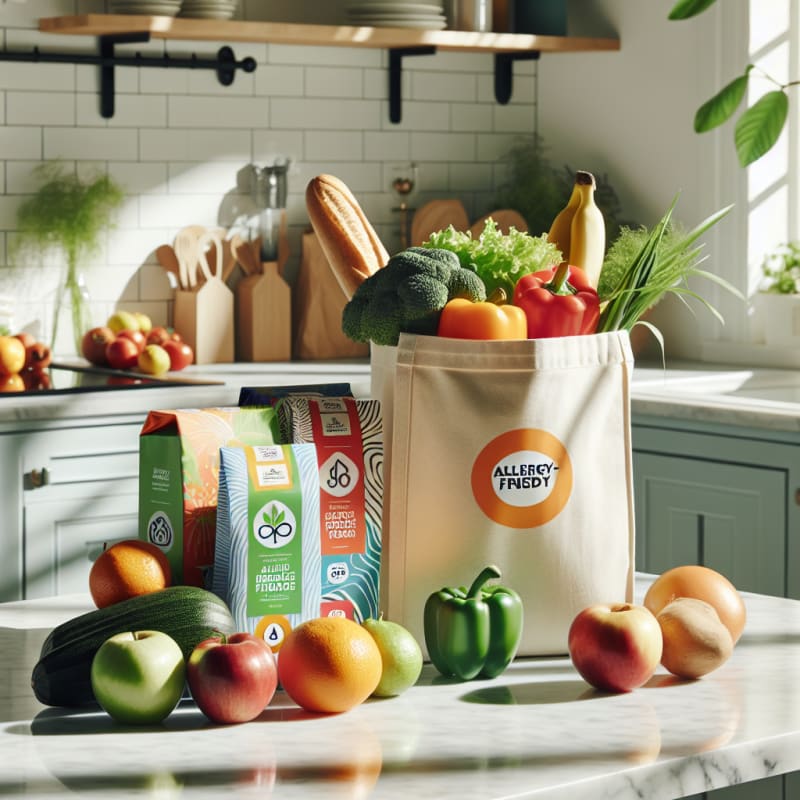 A bright kitchen countertop filled with fresh fruits vegetables packaged foods and allergy-safe labels next to a reusable grocery bag with natural sunlight streaming in