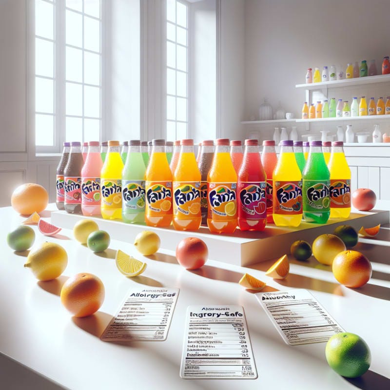 Bright modern kitchen countertop filled with colorful Fanta bottles next to allergy-safe food labels and clean ingredient lists surrounded by fresh fruit vibrant daylight minimal style