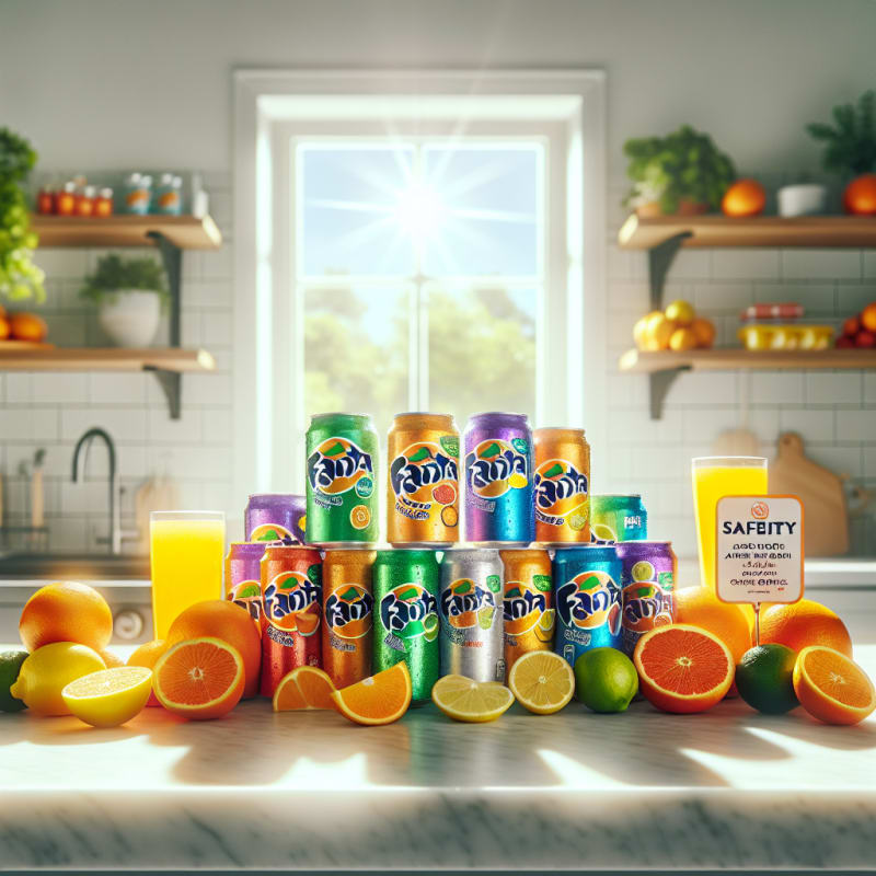 A vibrant display of assorted Fanta cans on a clean kitchen counter surrounded by fresh citrus fruits allergy-safe grocery labels and a bright sunlit backdrop evoking freshness and safety
