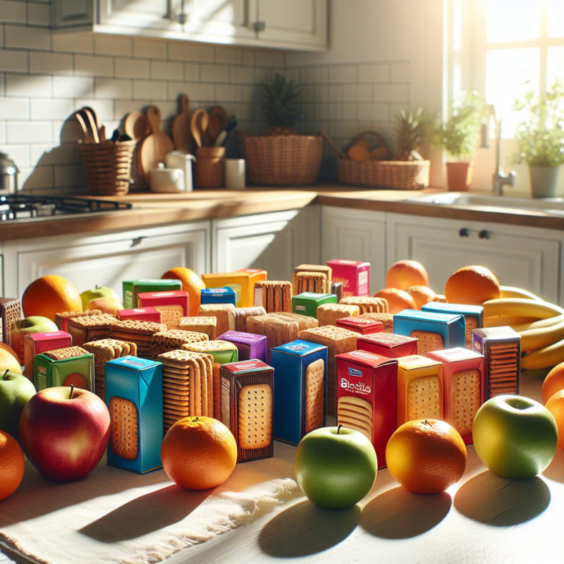 Bright kitchen countertop with assorted biscuits in colorful packaging surrounded by fresh fruit and clear ingredient labels sunlight streaming in through a window evoking a safe and hopeful atmosphere