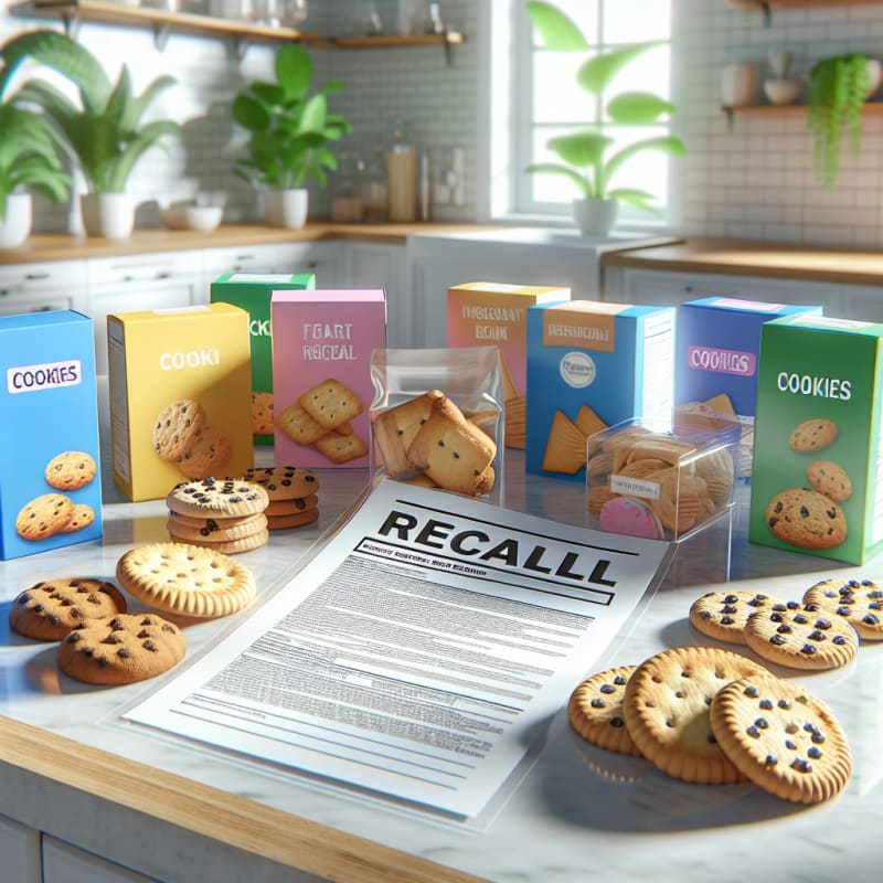 Bright modern kitchen countertop with assorted packaged cookies and colorful ingredient labels scattered next to a large clear recall notice paper gentle sunlight streaming through a window vibrant green plants in background inviting and clean atmosphere