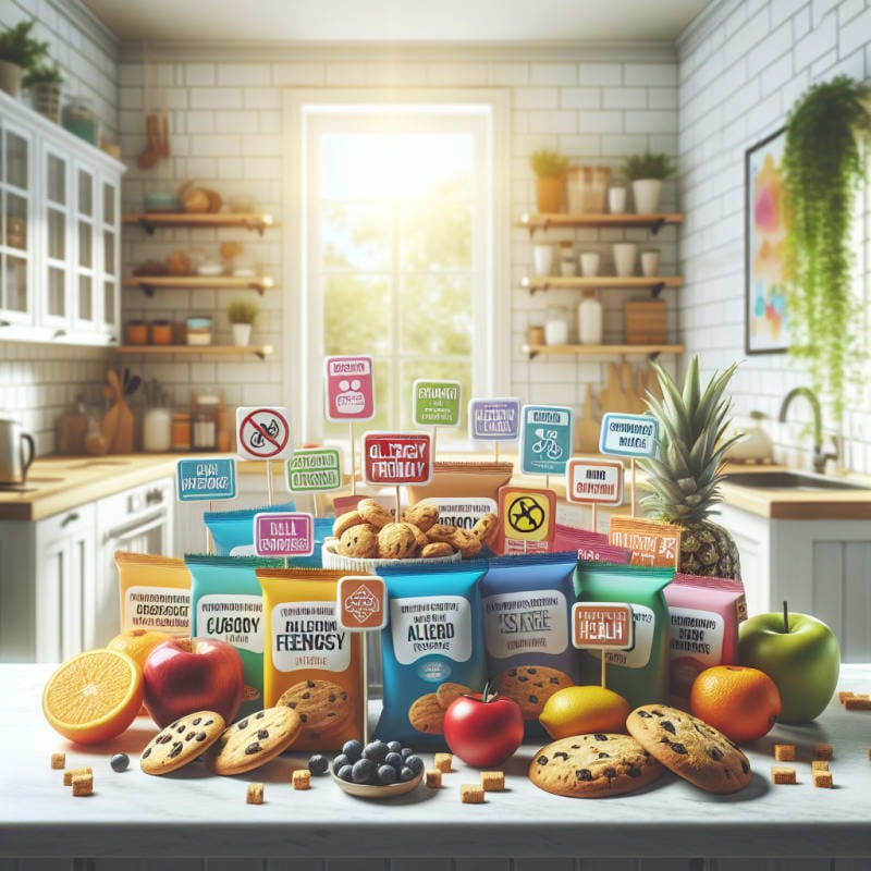 Bright kitchen countertop filled with colorful cookie packages and food ingredient labels surrounded by allergy-friendly snack options fresh fruit and natural light hopeful mood