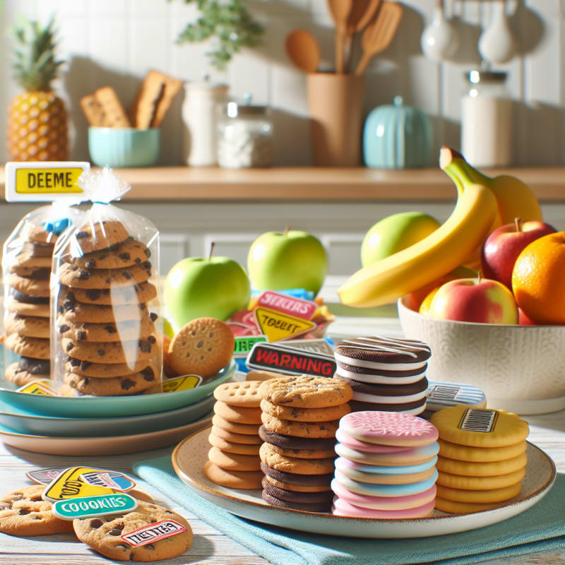 Bright modern kitchen countertop with colorful plates and various cookie packages some with warning labels soft natural lighting fresh fruits and healthy snacks in background hopeful vibe