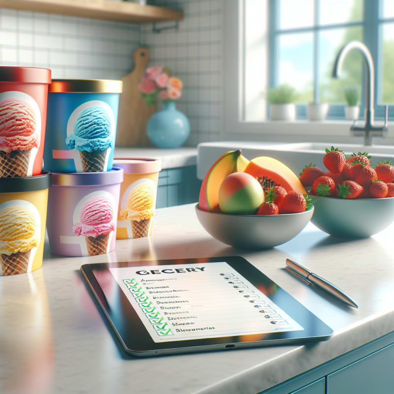 A bright colorful kitchen countertop with a variety of ice cream tubs placed next to allergy-safe food labels fresh fruit bowls and a clean grocery checklist on a tablet with soft natural daylight streaming through the window