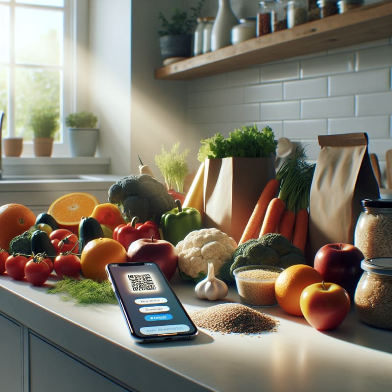 A bright kitchen countertop filled with fresh fruits vegetables whole grains and allergy-safe packaged foods modern mobile phone scanning food labels natural light