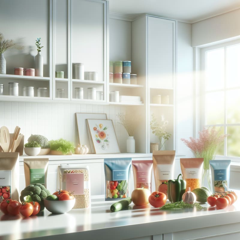 Bright modern kitchen countertop filled with colorful packaged foods fresh produce and clear ingredient labels sunlight streaming in soft clean surfaces hopeful atmosphere