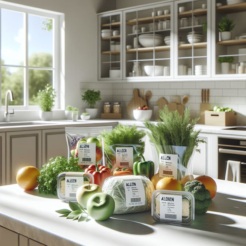 A bright modern kitchen countertop with fresh grocery items in clear allergy-safe packaging digital food labels showing allergen info surrounded by leafy herbs and colorful fruits sunlight streaming through a window