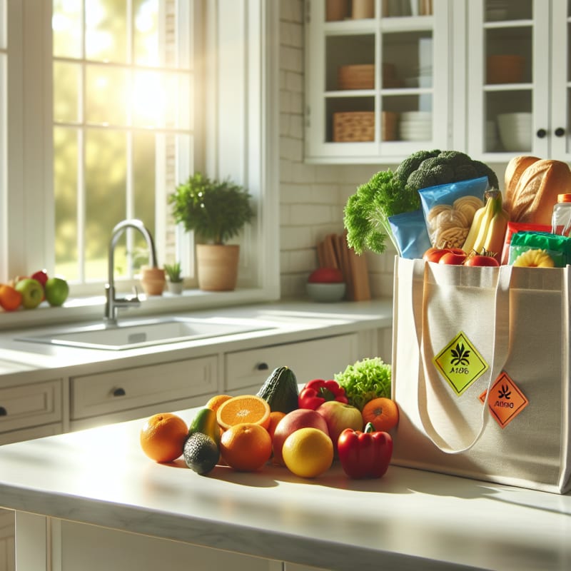 Bright kitchen countertop with fresh colorful fruits and vegetables arranged beside vibrant allergy warning labels grocery packaging and a cheerful reusable shopping bag soft morning sunlight streaming through a window evoking safety and hope