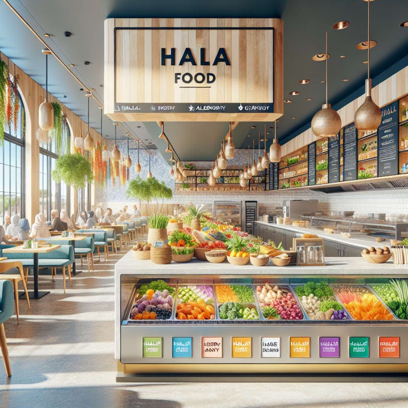 Bright modern restaurant interior with vibrant fresh ingredients on display halal food labels allergy friendly signs clean kitchen counters natural light hopeful atmosphere