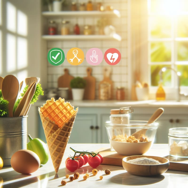 Bright kitchen countertop with mini waffle cones beside vibrant allergy-safe ingredients and food safety icons sunlight streaming through window soft pastel colors hopeful atmosphere
