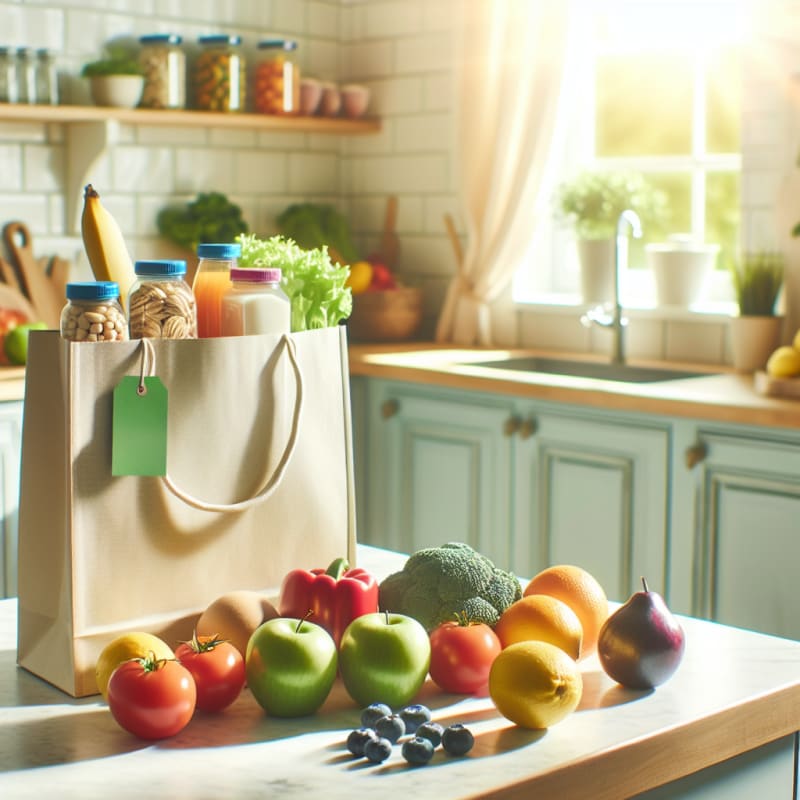 Bright kitchen countertop with colorful packaged foods clear visible ingredient labels fresh fruits and vegetables arranged around eco-friendly shopping bag soft natural lighting hopeful atmosphere