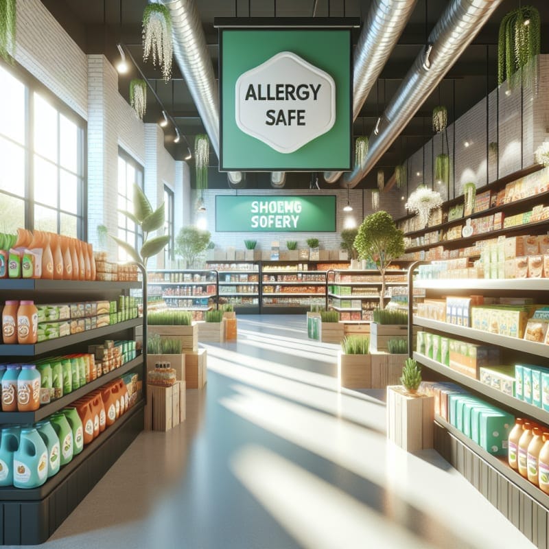 Bright modern grocery store interior with allergy-safe products clearly labeled on shelves vibrant packaging and sunlit space with green eco-friendly accents