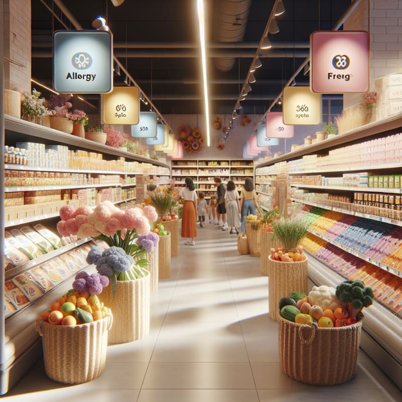 A bright inviting grocery aisle with allergy-safe food packaging clear ingredient labels and fresh produce baskets surrounded by soft natural light and pops of pastel colors creating a safe and hopeful atmosphere