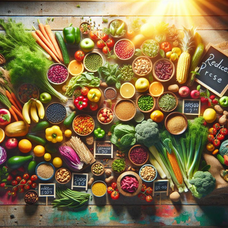 A vibrant overhead view of a colorful assortment of plant-based foods fresh fruits vegetables grains and legumes arranged neatly on a rustic wooden table with bright natural lighting and small chalkboard signs showing reduced prices cheerful and optimistic mood