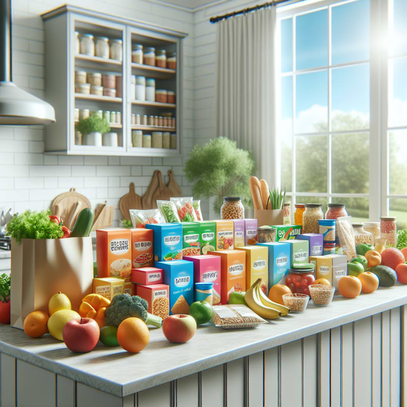 Bright kitchen counter full of colorful packaged foods with clear allergy-safe labels modern grocery items and fresh produce arranged in a cheerful sunlit space
