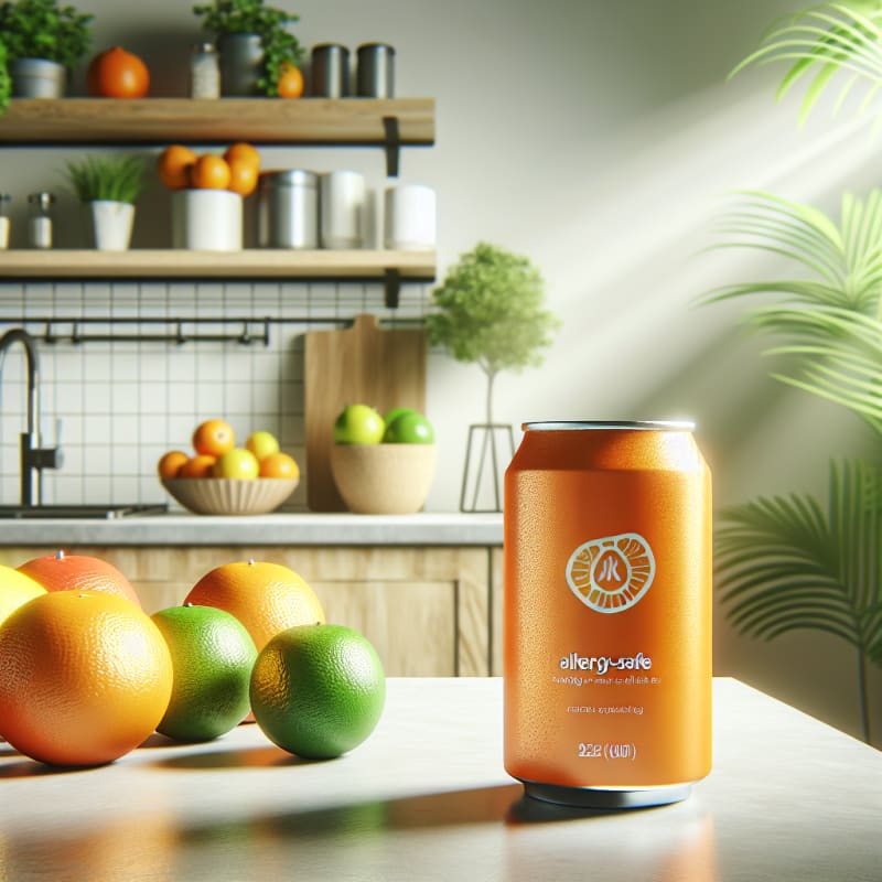 Bright orange soda can on a clean kitchen counter next to fresh citrus fruits sunlight streaming in modern eco-friendly kitchen vibrant allergy-safe product labels visible