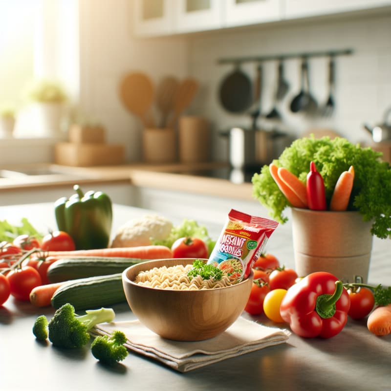 A bright clean kitchen countertop with a wooden bowl of instant noodles surrounded by colorful fresh vegetables allergy warning icons and food safety labels on packaging soft natural light