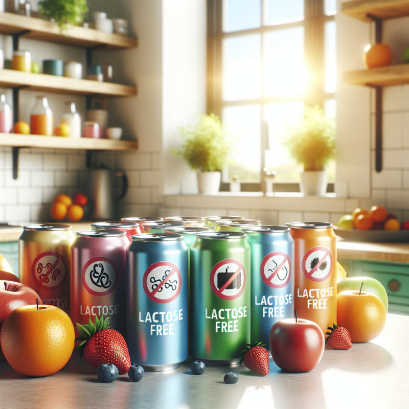 Bright kitchen counter with colorful soda cans and lactose-free labels surrounded by fresh fruits and clear allergen information graphics in a hopeful sunny setting