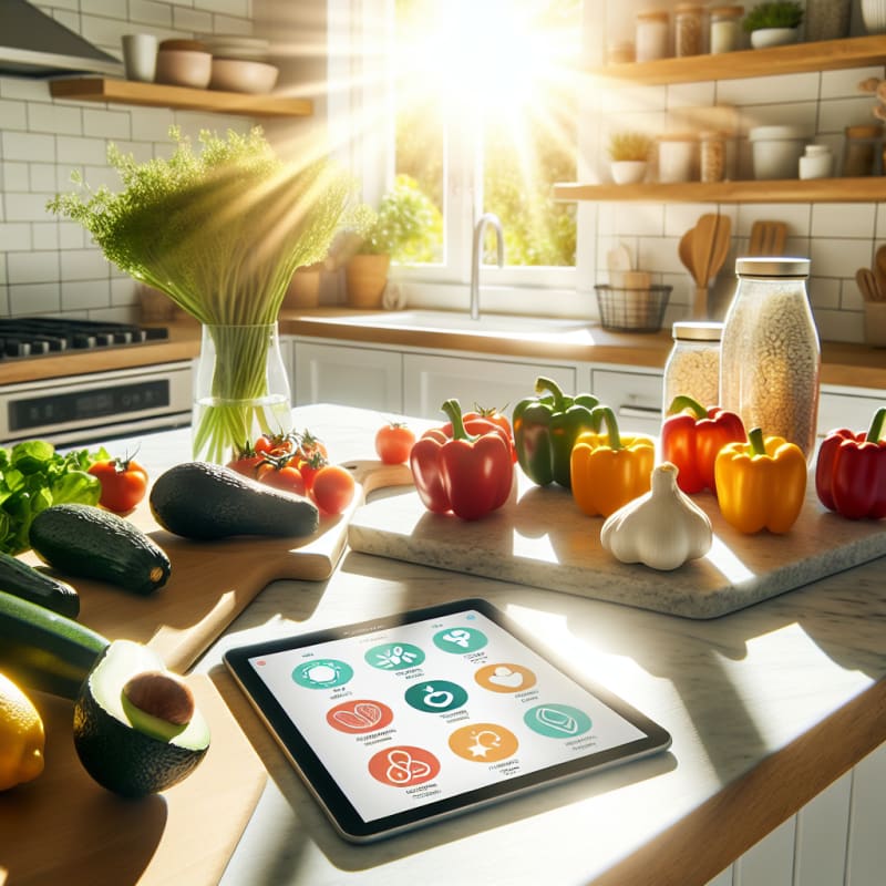 Bright kitchen countertop filled with fresh keto-friendly foods vibrant vegetables labeled allergy safe modern food labels clear smart grocery shopping app open sunlight streaming in optimistic atmosphere