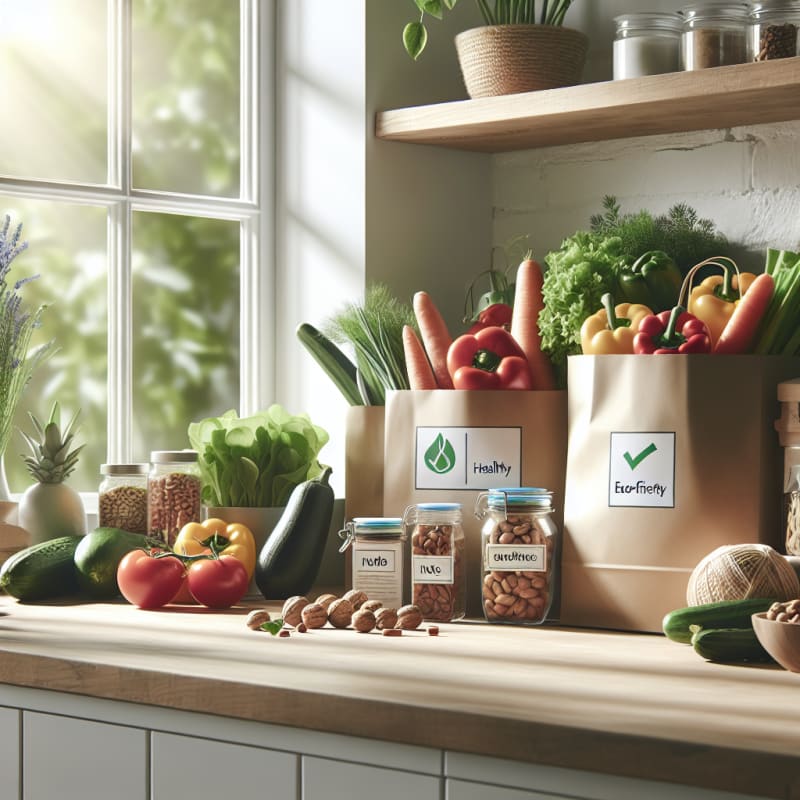 Bright kitchen countertop filled with colorful fresh vegetables nuts and labeled grocery items natural light streaming in eco-friendly packaging visible food safety labels on packages modern minimalist style inviting and clean atmosphere