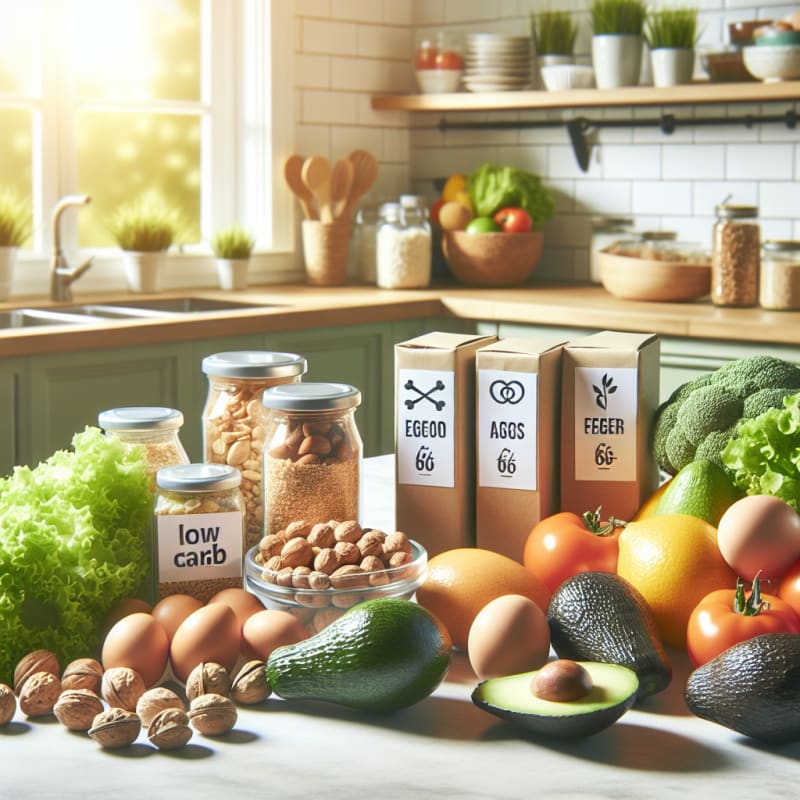 Bright kitchen countertop filled with fresh low-carb vegetables eggs avocados nuts and labeled food packages with allergy safe icons sunlight streaming through window hopeful atmosphere focus on food safety and nutrition