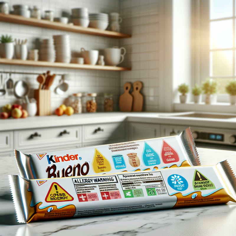 A bright modern kitchen countertop with open Kinder Bueno bars beside clear ingredient labels assorted allergy-safe food packaging and colorful allergy warning icons with soft natural lighting and a hopeful atmosphere