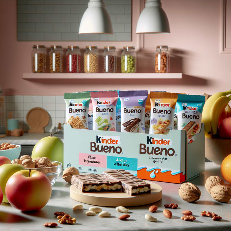 Brightly lit kitchen countertop with Kinder Bueno bars surrounded by colorful allergy-safe food packaging clear ingredient labels fresh fruits and nuts soft pastel background