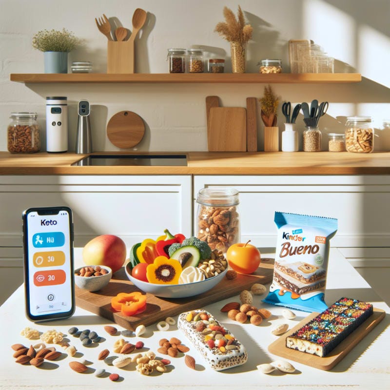 Bright kitchen counter with colorful keto-friendly snacks arranged next to Kinder Bueno bar surrounded by allergy-safe labels and modern mobile food scanner device cheerful daylight