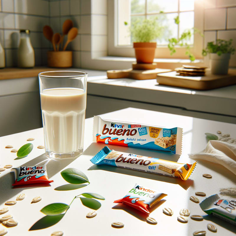 A bright inviting flat lay of Kinder Bueno bars next to a glass of oat milk on a white kitchen counter surrounded by colorful allergy-safe food labels green leaves and sunlight streaming in through a window