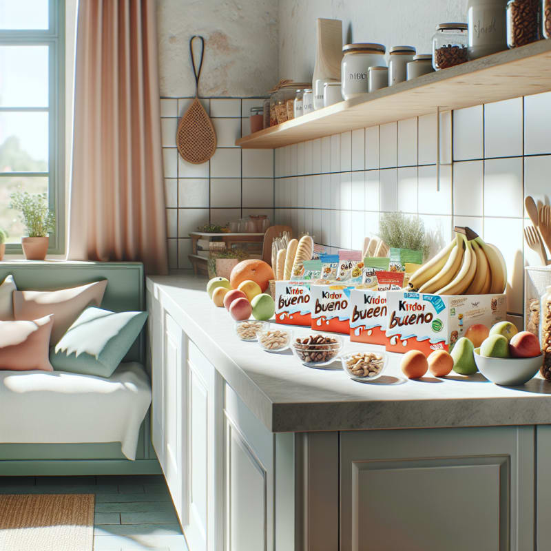 A bright hopeful kitchen scene with neatly organized allergy-friendly snacks including Kinder Bueno on a white counter surrounded by fresh ingredients and clean food labels sunlit window soft pastel colors modern safe food vibe no people