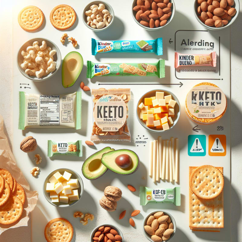 Bright flat lay of keto snack options including a Kinder Bueno bar with highlighted ingredient label surrounded by allergy warning icons clean kitchen counter soft natural light