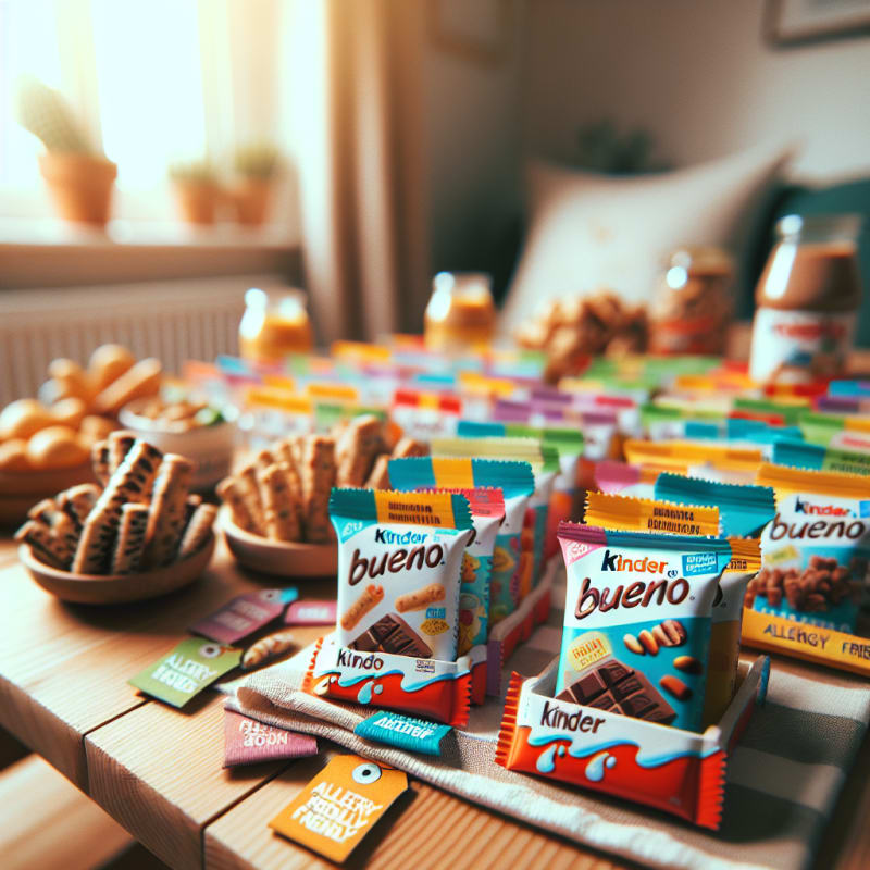 Brightly colored Kinder Bueno chocolate bars placed on a clean wooden table surrounded by allergy-friendly snack options vibrant food labels and gentle natural light