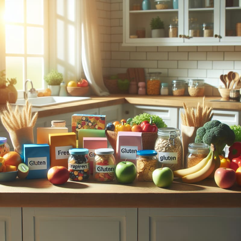 Bright kitchen countertop filled with colorful packaged foods and fresh produce clear food labels visible with gluten highlighted soft natural sunlight hopeful atmosphere